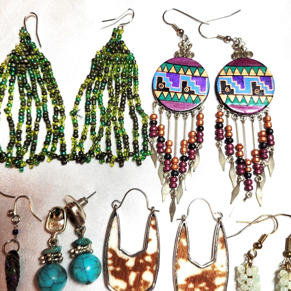 13 Pc Earrings Lot Retro Boho Western Southwestern Dangle Beaded Gemstone Chips - Picture 6 of 9